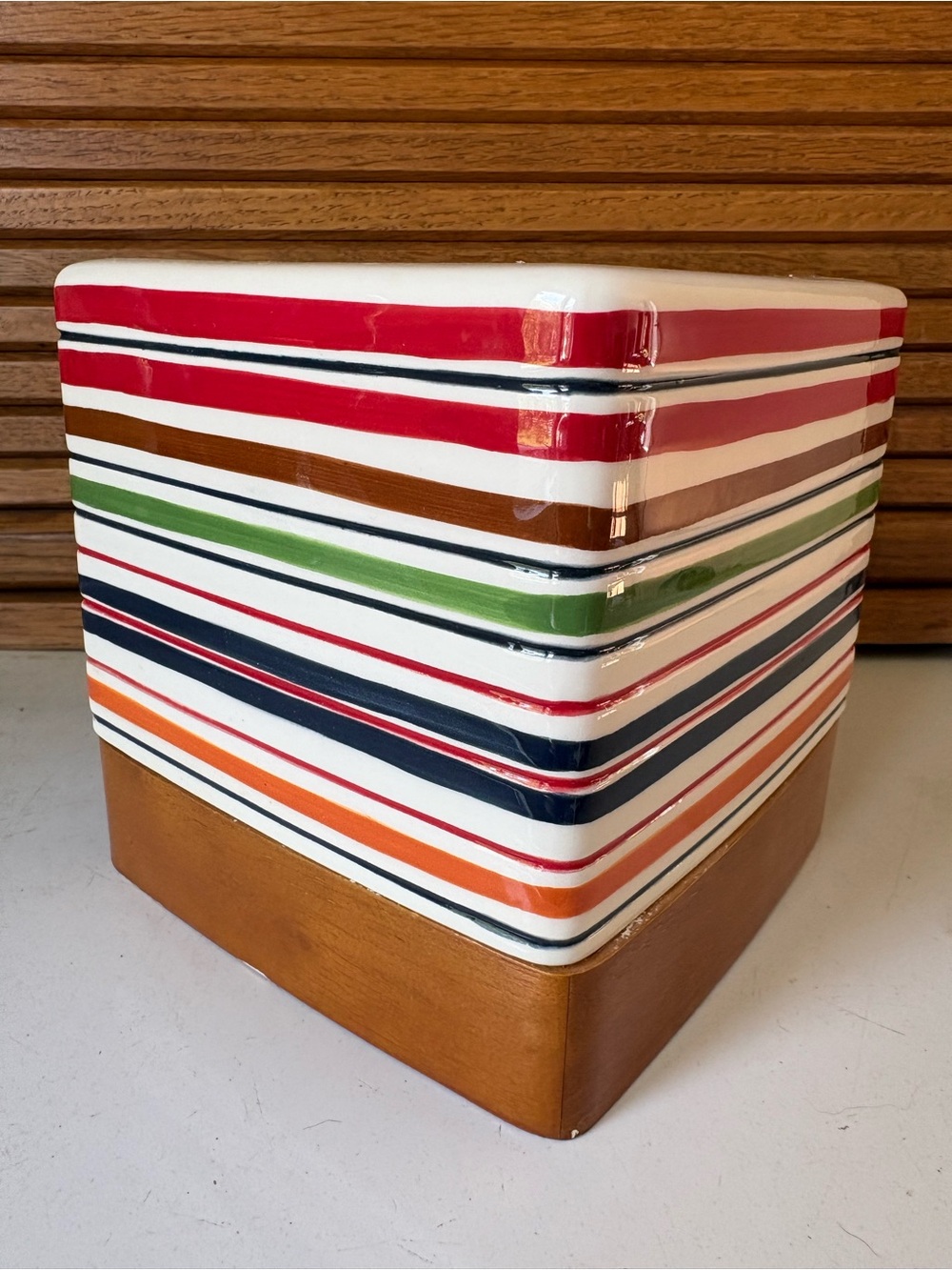Nautica Striped Ceramic with Wood Bottom Tissue Box Cover 2005